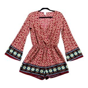 Coverstitched Romper Small‎ Burgundy & Teal Medallion Surplice Size S